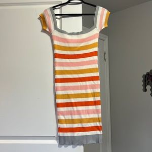 long colourful fitted midi dress